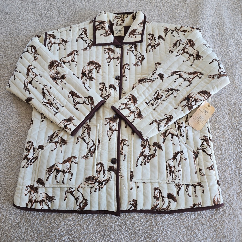 Cotton & Rye Women's Quilted Horse Jacket Brown/cream Sz L All-Over Horses NWT